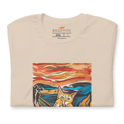 Front details of a Soft Cream Premium Screaming Cat T-Shirt showcasing iconic The Screaming Cat graphic on the chest - Funny Graphic Cat Tees - Boozy Fox
