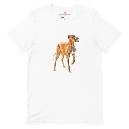 White Premium Greyhound T-Shirt featuring an adorable Greyhound And Butterfly graphic on the chest - Cute Graphic Greyhound Tees - Boozy Fox