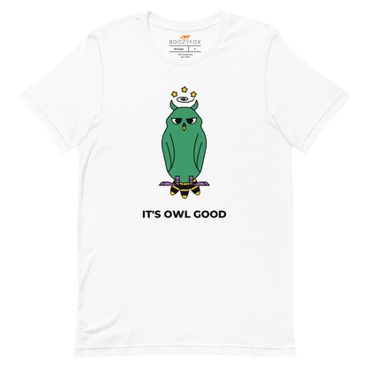 White Premium Owl T-Shirt featuring captivating It's Owl Good graphic on the chest - Funny Graphic Owl Tees - Boozy Fox