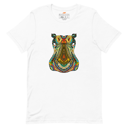 White Premium Hippo T-Shirt featuring a mesmerizing Zentangle Hippo graphic on the chest - Cool Graphic Hippo Tees - Boozy Fox
