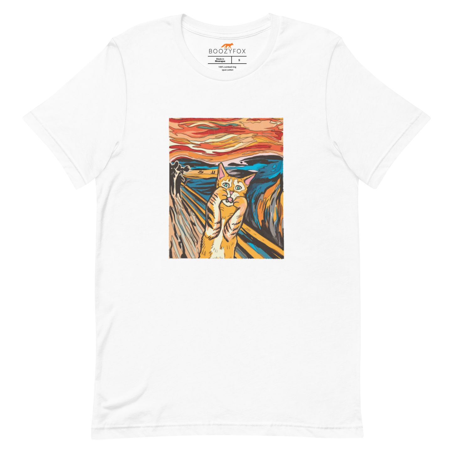 White Premium Screaming Cat T-Shirt showcasing iconic The Screaming Cat graphic on the chest - Funny Graphic Cat Tees - Boozy Fox
