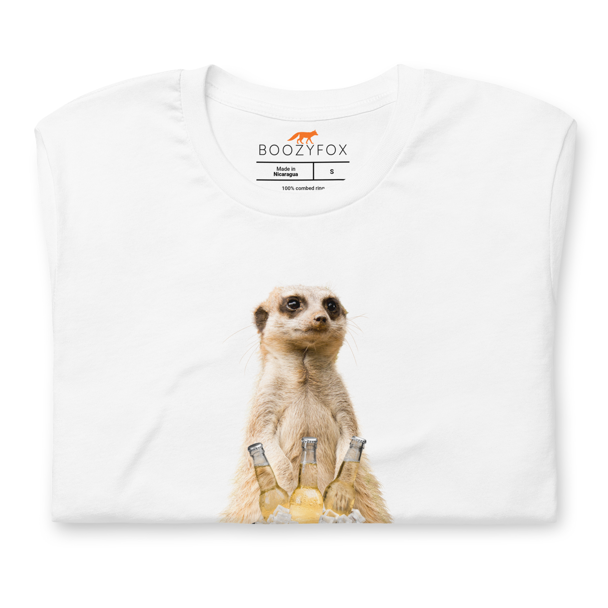 Front Details of a White Premium Meerkat T-Shirt featuring a hilarious Beerkat graphic on the chest - Funny Graphic Meerkat Tees - Boozy Fox