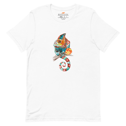 White Premium Chameleon T-Shirt featuring a charming Chameleon With A Lollipop graphic on the chest - Cool Graphic Chameleon Tees - Boozy Fox