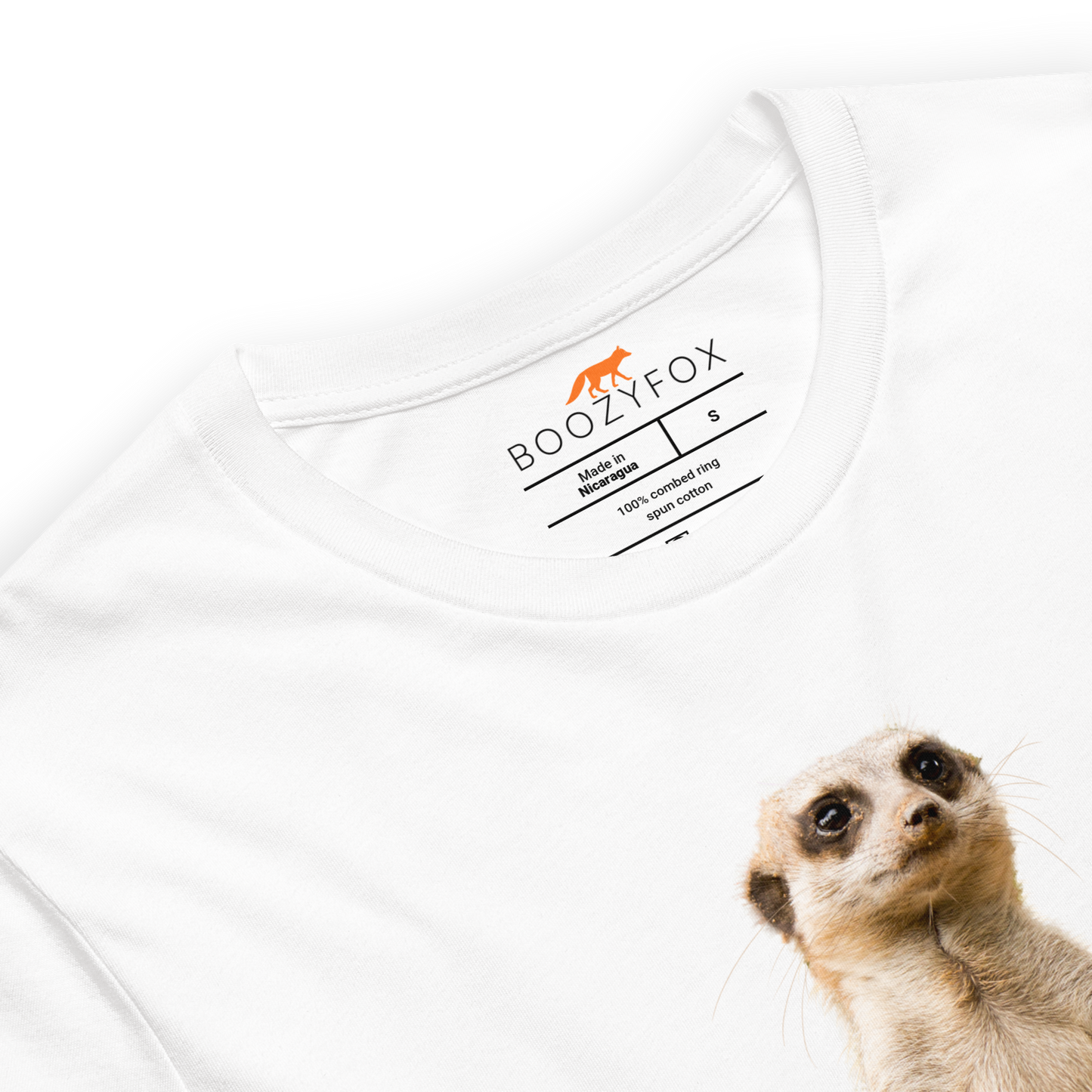Product Details of a White Premium Meerkat T-Shirt featuring a hilarious Beerkat graphic on the chest - Funny Graphic Meerkat Tees - Boozy Fox