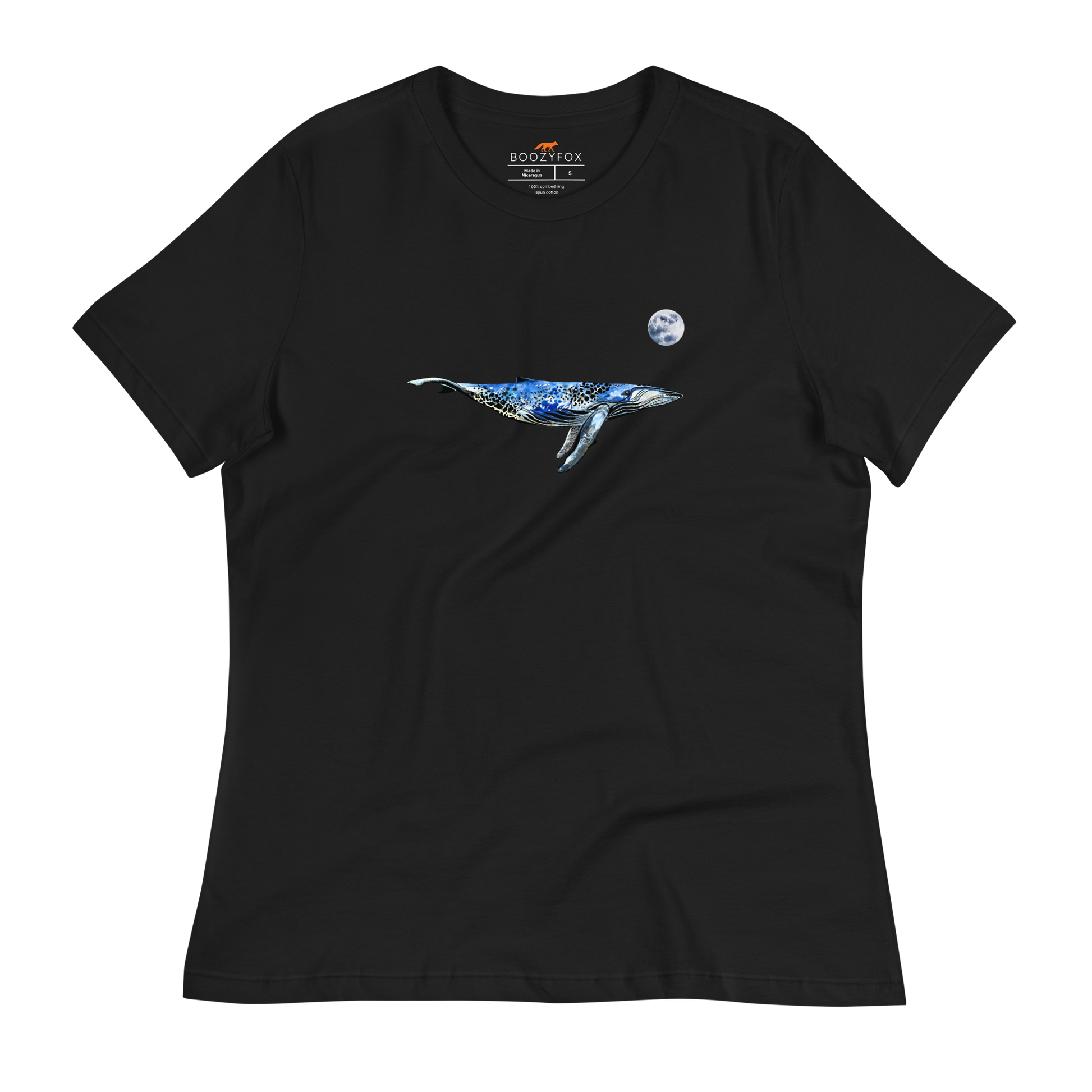 Women's relaxed black whale t-shirt featuring a majestic Whale Under The Moon graphic on the chest - Women's Graphic Whale Tees - Boozy Fox