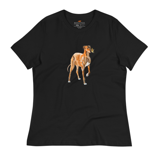 Women's relaxed black greyhound t-shirt featuring a cute Greyhound And Butterfly graphic on the chest - Women's Graphic greyhound Tees - Boozy Fox
