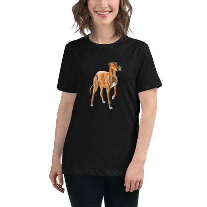 Smiling Woman Wearing a Women's relaxed black greyhound t-shirt featuring a cute Greyhound And Butterfly graphic on the chest - Women's Graphic greyhound Tees - Boozy Fox