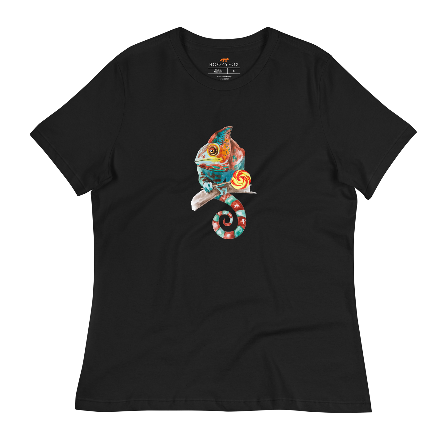 Women's relaxed black Chameleon t-shirt featuring a colorful Chameleon With A Lollipop graphic on the chest - Women's Graphic Chameleon Tees - Boozy Fox