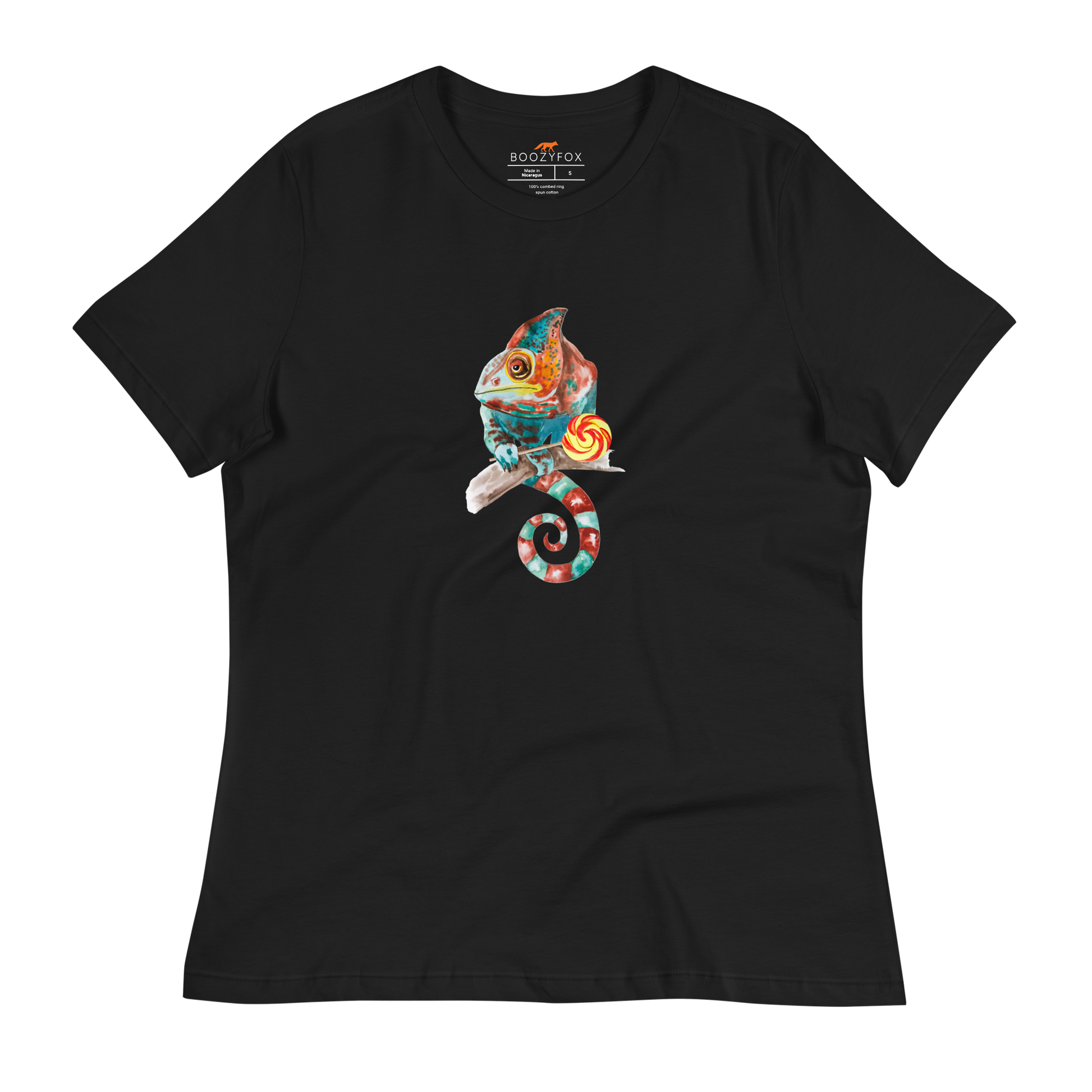 Women's relaxed black Chameleon t-shirt featuring a colorful Chameleon With A Lollipop graphic on the chest - Women's Graphic Chameleon Tees - Boozy Fox