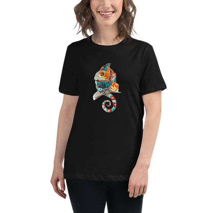 Smiling Woman wearing a Women's relaxed black Chameleon t-shirt featuring a colorful Chameleon With A Lollipop graphic on the chest - Women's Graphic Chameleon Tees - Boozy Fox