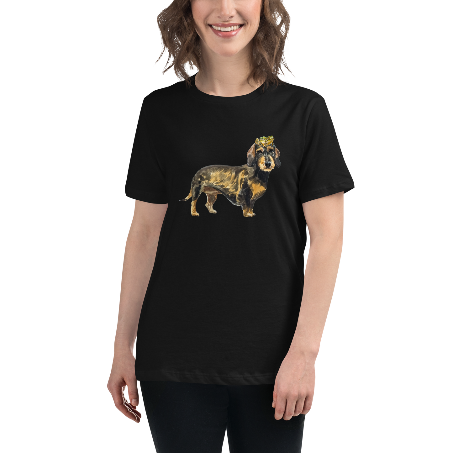Smiling Woman Wearing a Women's relaxed black Dachshund t-shirt featuring a charming Frog on a Dachshund's Head graphic on the chest - Women's Cute Graphic Dachshund Tees - Boozy Fox