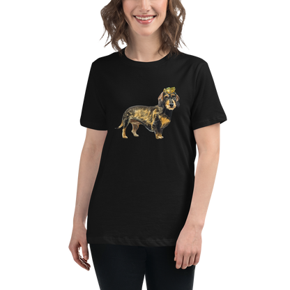 Smiling Woman Wearing a Women's relaxed black Dachshund t-shirt featuring a charming Frog on a Dachshund's Head graphic on the chest - Women's Cute Graphic Dachshund Tees - Boozy Fox