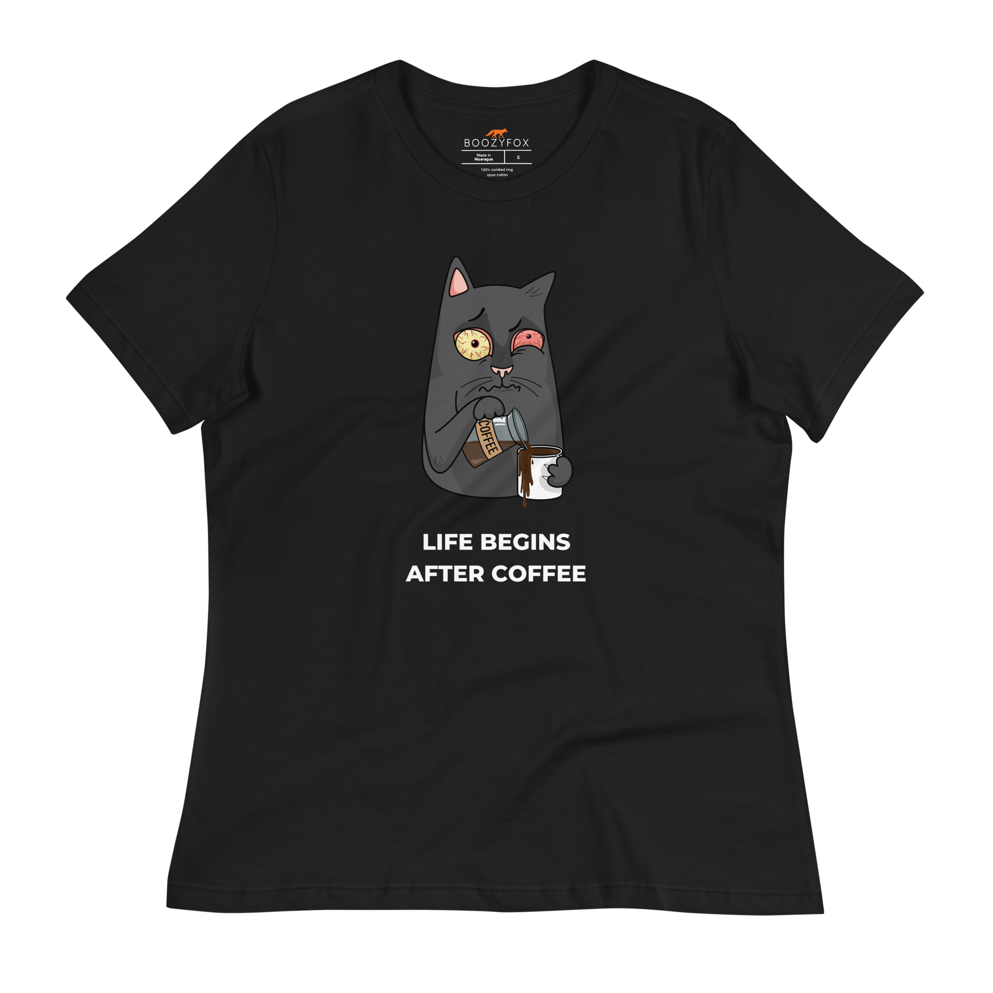 Women's relaxed black cat t-shirt featuring a hilarious Life Begins After Coffee graphic on the chest - Women's Graphic Cat Tees - Boozy Fox