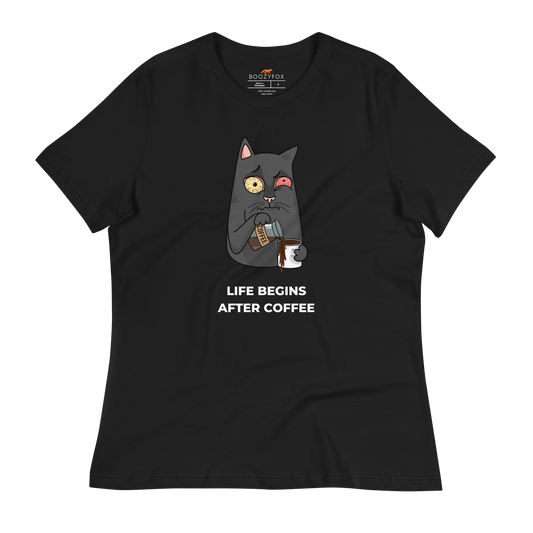 Women's relaxed black cat t-shirt featuring a hilarious Life Begins After Coffee graphic on the chest - Women's Graphic Cat Tees - Boozy Fox