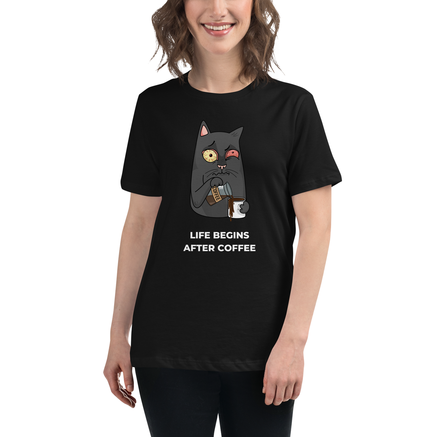 Smiling woman wearing a Women's relaxed black cat t-shirt featuring a hilarious Life Begins After Coffee graphic on the chest - Women's Graphic Cat Tees - Boozy Fox