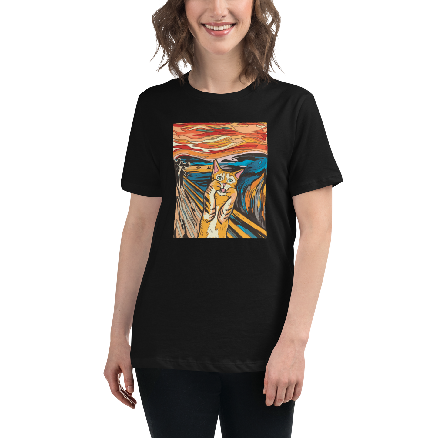 Smiling woman wearing a Women's relaxed black screaming cat t-shirt showcasing iconic The Screaming Cat graphic on the chest - Women's Graphic Cat Tees - Boozy Fox