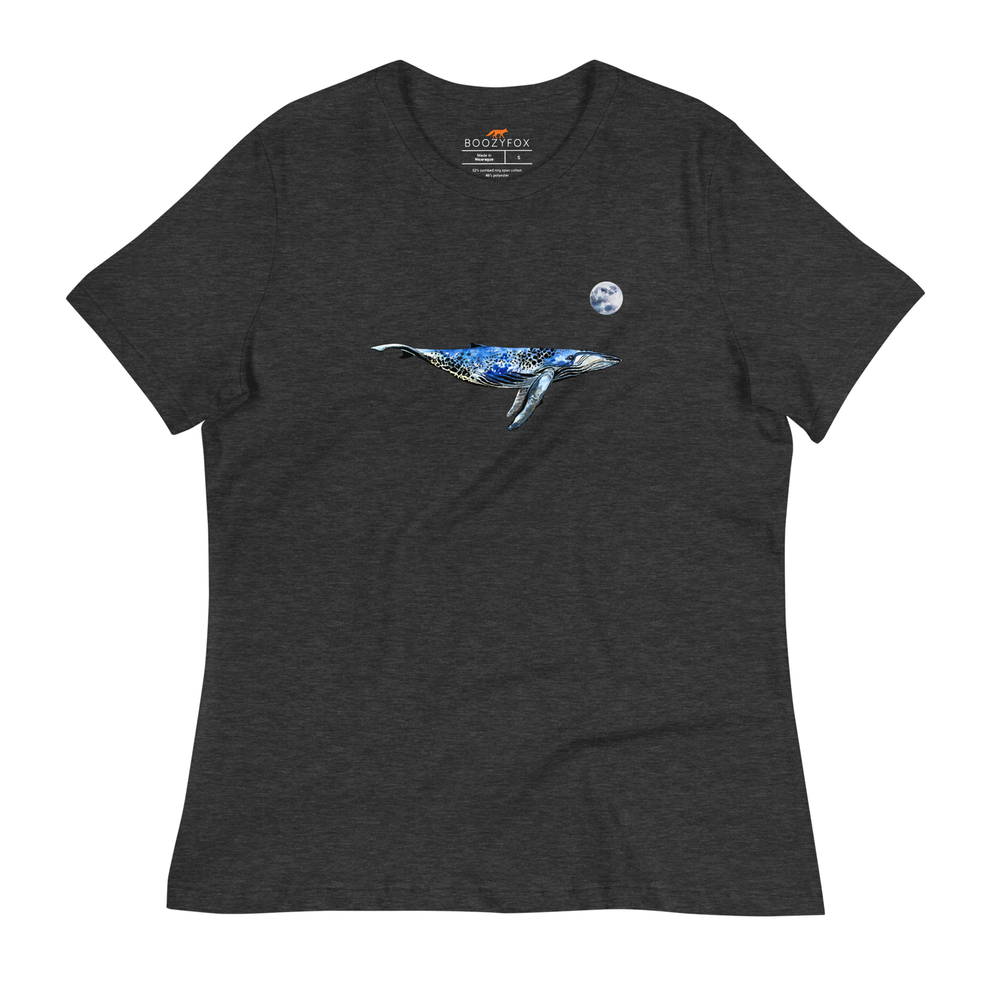 Women's relaxed dark grey heather whale t-shirt featuring a majestic Whale Under The Moon graphic on the chest - Women's Graphic Whale Tees - Boozy Fox