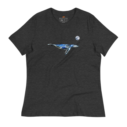 Women's relaxed dark grey heather whale t-shirt featuring a majestic Whale Under The Moon graphic on the chest - Women's Graphic Whale Tees - Boozy Fox