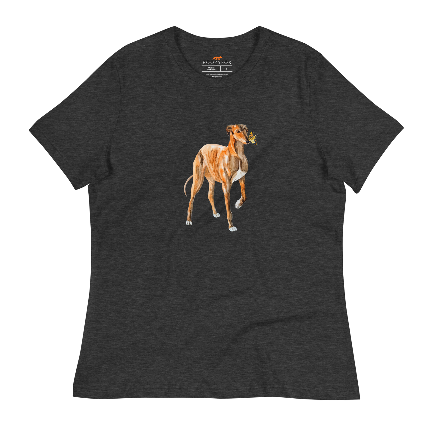 Women's relaxed dark grey heather greyhound t-shirt featuring a cute Greyhound And Butterfly graphic on the chest - Women's Graphic greyhound Tees - Boozy Fox