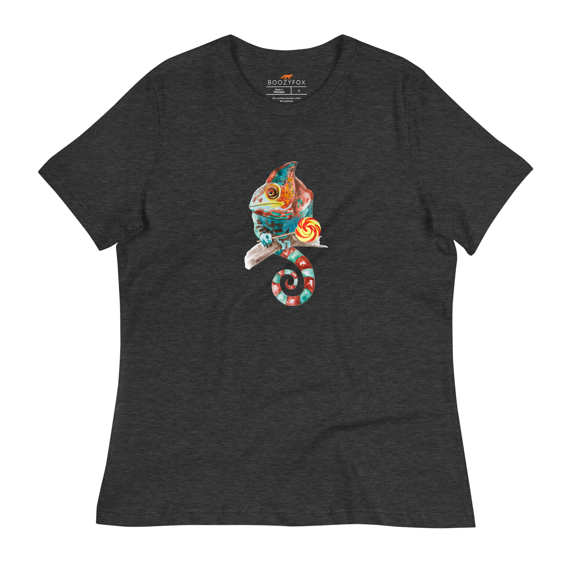 Women's relaxed dark grey heather Chameleon t-shirt featuring a colorful Chameleon With A Lollipop graphic on the chest - Women's Graphic Chameleon Tees - Boozy Fox