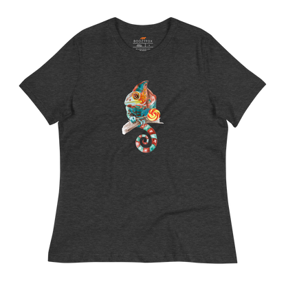 Women's relaxed dark grey heather Chameleon t-shirt featuring a colorful Chameleon With A Lollipop graphic on the chest - Women's Graphic Chameleon Tees - Boozy Fox