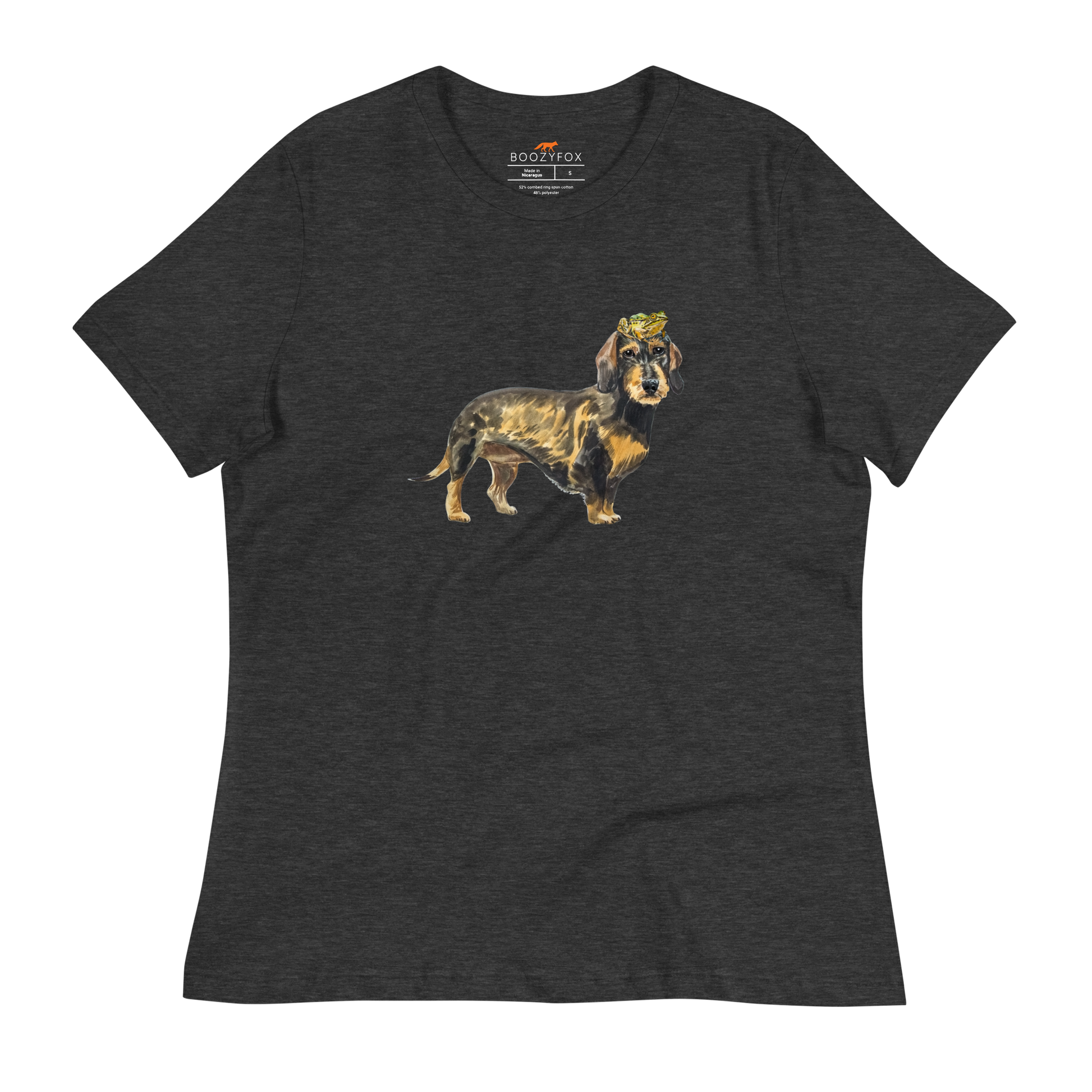 Women's relaxed dark grey heather Dachshund t-shirt featuring a charming Frog on a Dachshund's Head graphic on the chest - Women's Cute Graphic Dachshund Tees - Boozy Fox