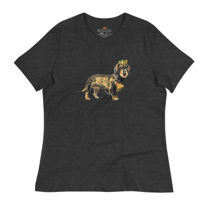 Women's relaxed dark grey heather Dachshund t-shirt featuring a charming Frog on a Dachshund's Head graphic on the chest - Women's Cute Graphic Dachshund Tees - Boozy Fox