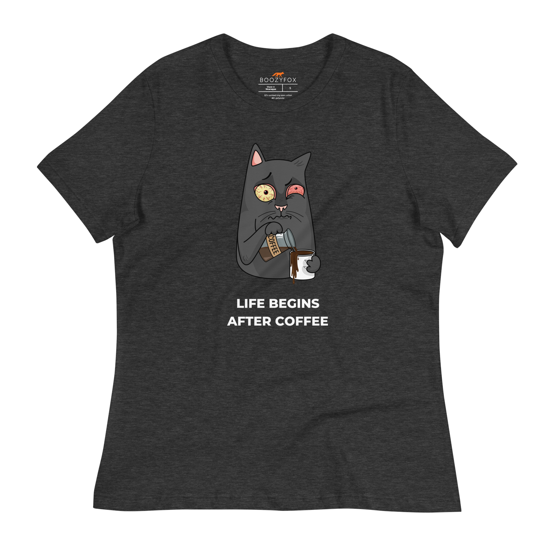 Women's relaxed dark grey heather cat t-shirt featuring a hilarious Life Begins After Coffee graphic on the chest - Women's Graphic Cat Tees - Boozy Fox