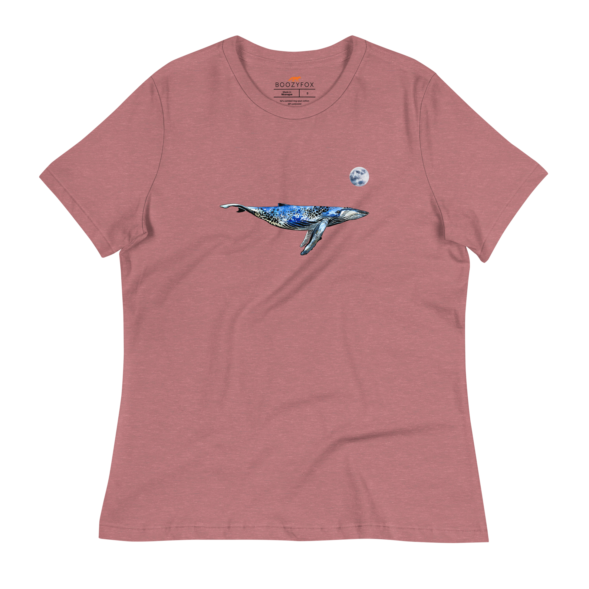 Women's relaxed heather mauve whale t-shirt featuring a majestic Whale Under The Moon graphic on the chest - Women's Graphic Whale Tees - Boozy Fox