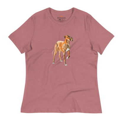 Women's relaxed heather mauve greyhound t-shirt featuring a cute Greyhound And Butterfly graphic on the chest - Women's Graphic greyhound Tees - Boozy Fox