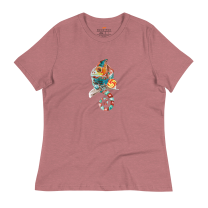 Women's relaxed heather mauve Chameleon t-shirt featuring a colorful Chameleon With A Lollipop graphic on the chest - Women's Graphic Chameleon Tees - Boozy Fox