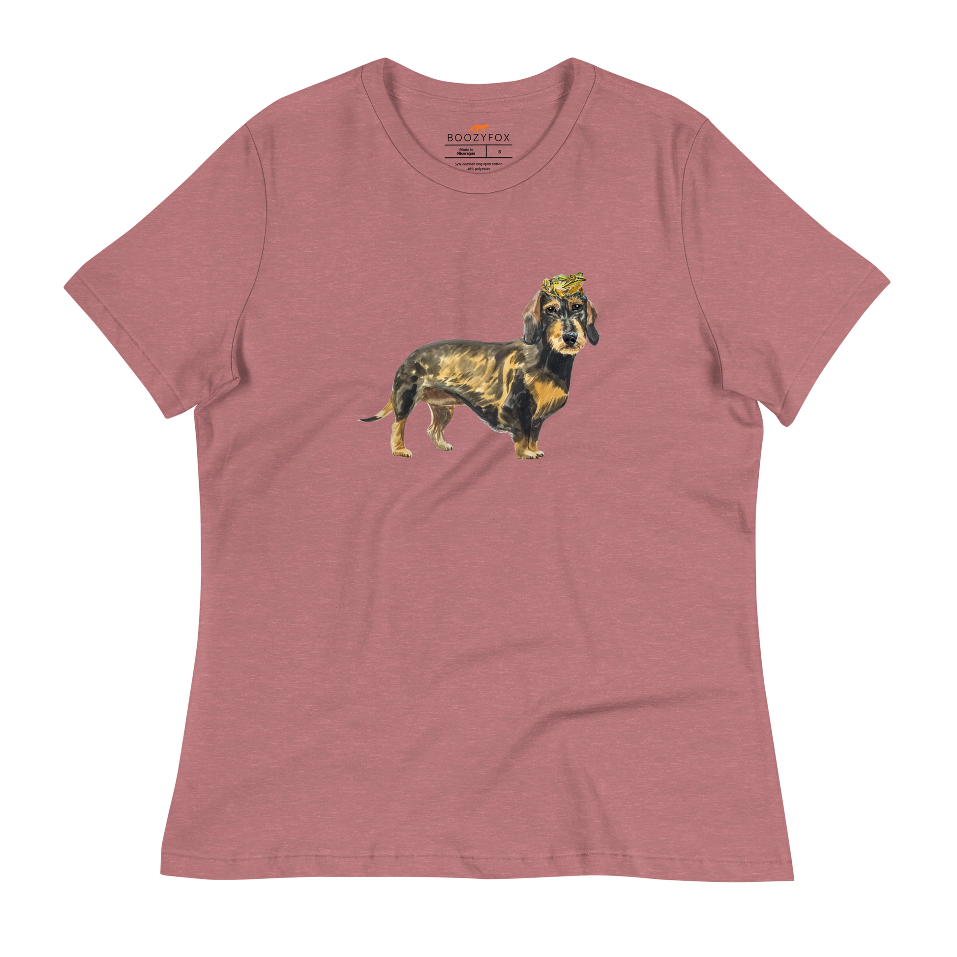 Women's relaxed heather mauve Dachshund t-shirt featuring a charming Frog on a Dachshund's Head graphic on the chest - Women's Cute Graphic Dachshund Tees - Boozy Fox