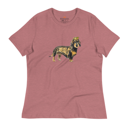 Women's relaxed heather mauve Dachshund t-shirt featuring a charming Frog on a Dachshund's Head graphic on the chest - Women's Cute Graphic Dachshund Tees - Boozy Fox