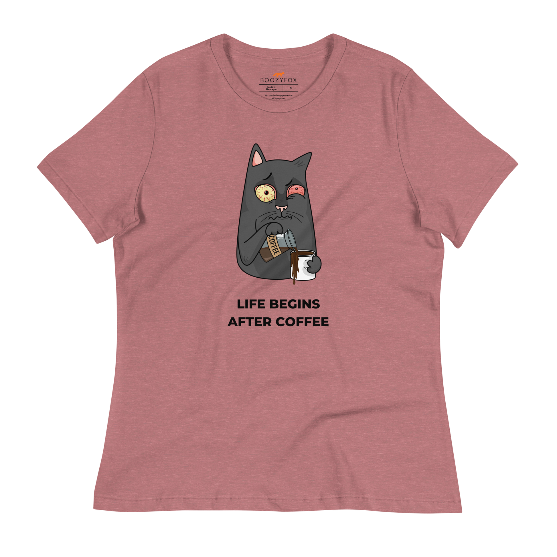 Women's relaxed heather mauve cat t-shirt featuring a hilarious Life Begins After Coffee graphic on the chest - Women's Graphic Cat Tees - Boozy Fox