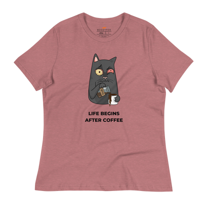 Women's relaxed heather mauve cat t-shirt featuring a hilarious Life Begins After Coffee graphic on the chest - Women's Graphic Cat Tees - Boozy Fox
