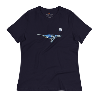 Women's relaxed navy whale t-shirt featuring a majestic Whale Under The Moon graphic on the chest - Women's Graphic Whale Tees - Boozy Fox
