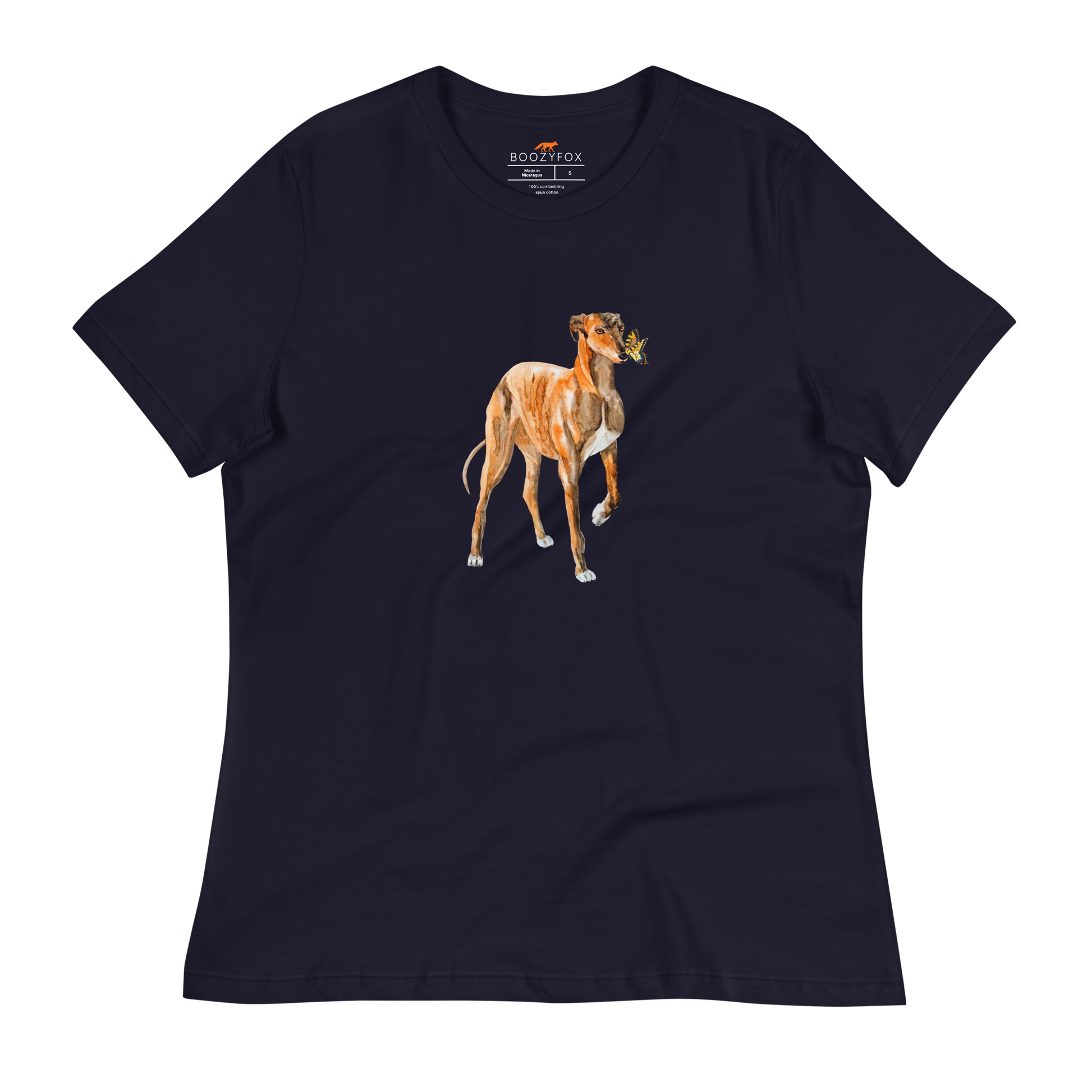 Women's relaxed navy greyhound t-shirt featuring a cute Greyhound And Butterfly graphic on the chest - Women's Graphic greyhound Tees - Boozy Fox