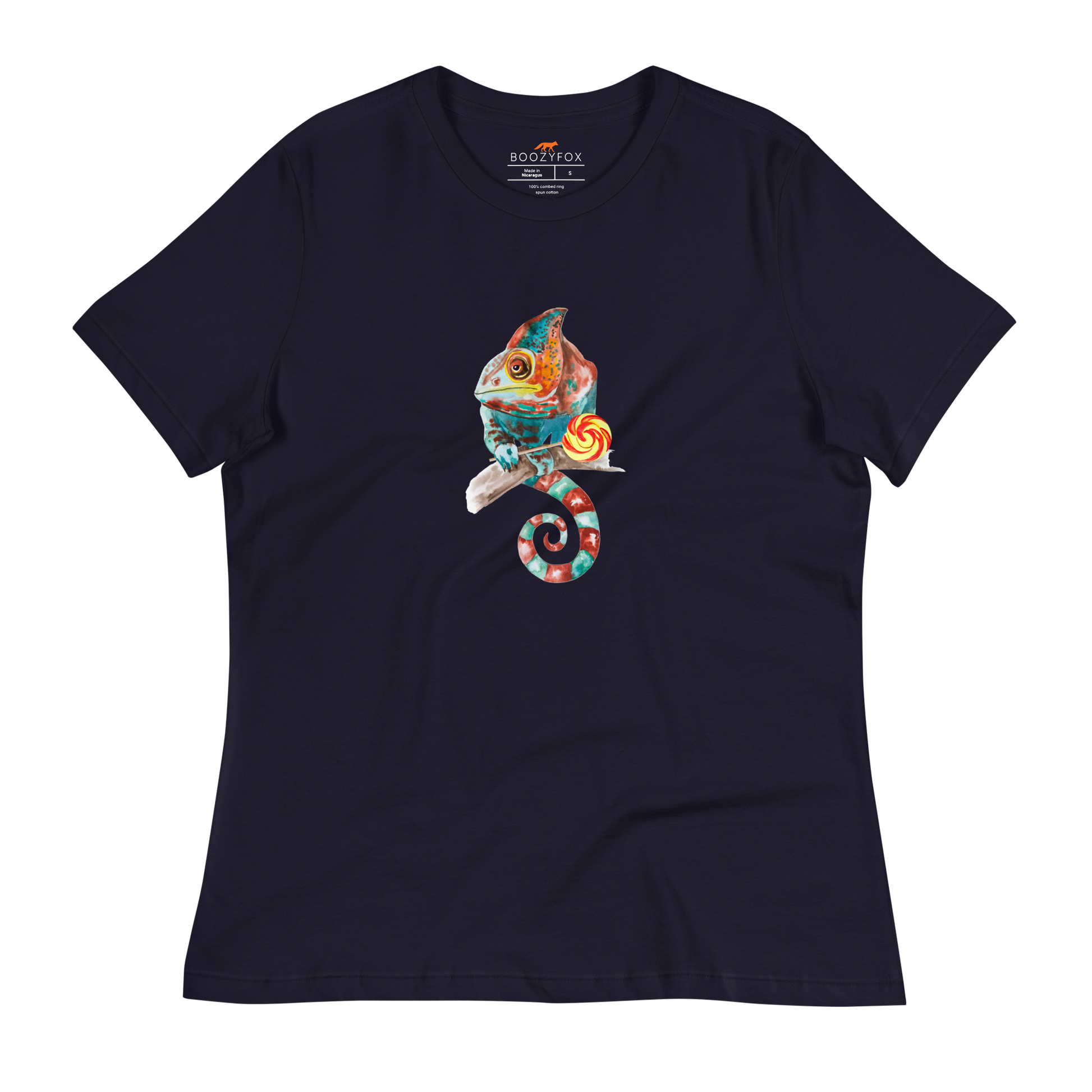 Women's relaxed navy Chameleon t-shirt featuring a colorful Chameleon With A Lollipop graphic on the chest - Women's Graphic Chameleon Tees - Boozy Fox