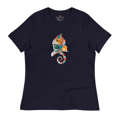 Women's relaxed navy Chameleon t-shirt featuring a colorful Chameleon With A Lollipop graphic on the chest - Women's Graphic Chameleon Tees - Boozy Fox