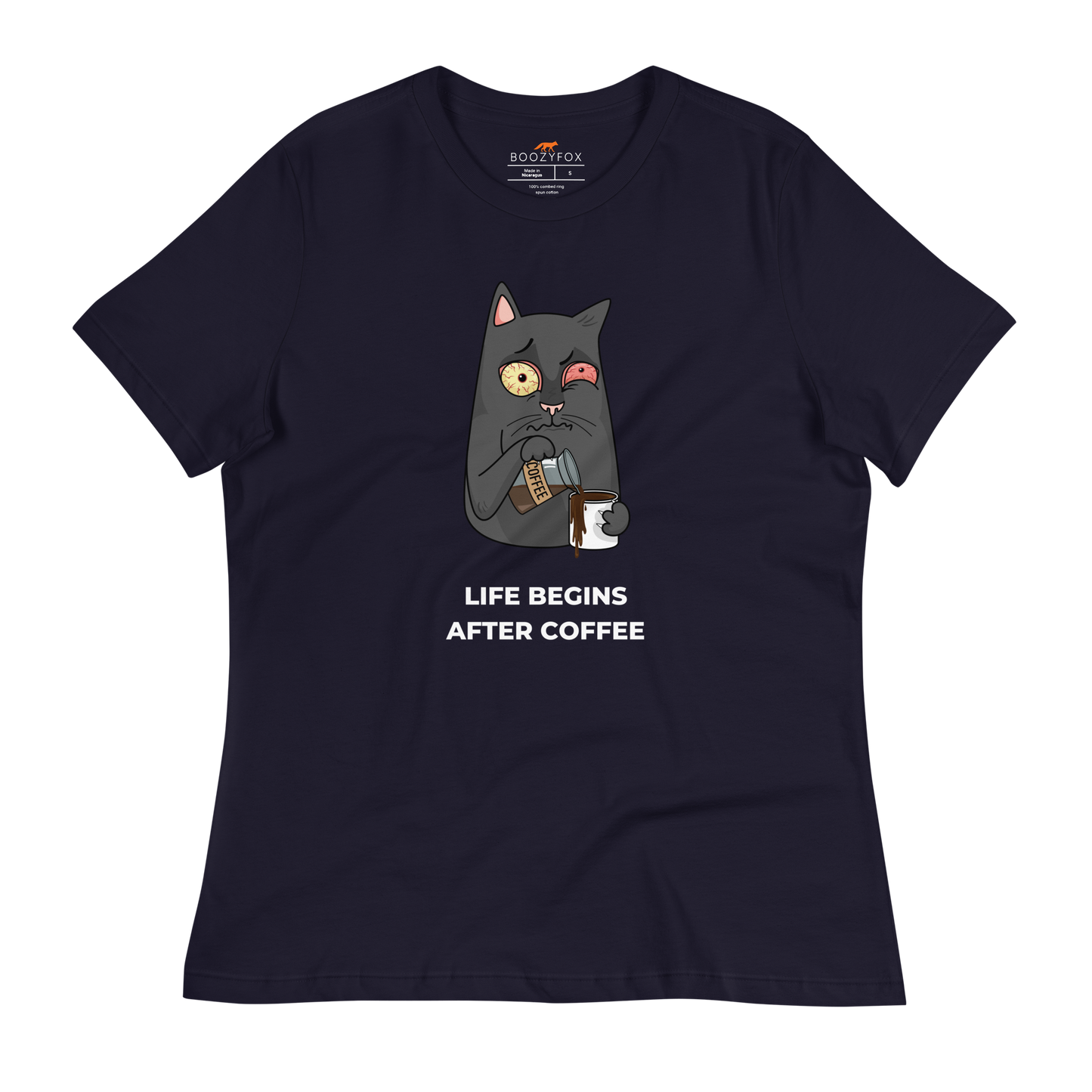 Women's relaxed navy cat t-shirt featuring a hilarious Life Begins After Coffee graphic on the chest - Women's Graphic Cat Tees - Boozy Fox