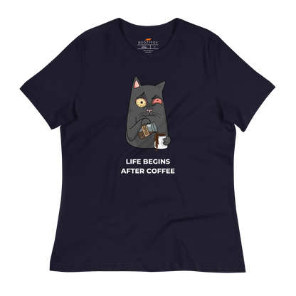 Women's relaxed navy cat t-shirt featuring a hilarious Life Begins After Coffee graphic on the chest - Women's Graphic Cat Tees - Boozy Fox
