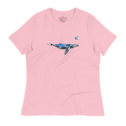 Women's relaxed pink whale t-shirt featuring a majestic Whale Under The Moon graphic on the chest - Women's Graphic Whale Tees - Boozy Fox