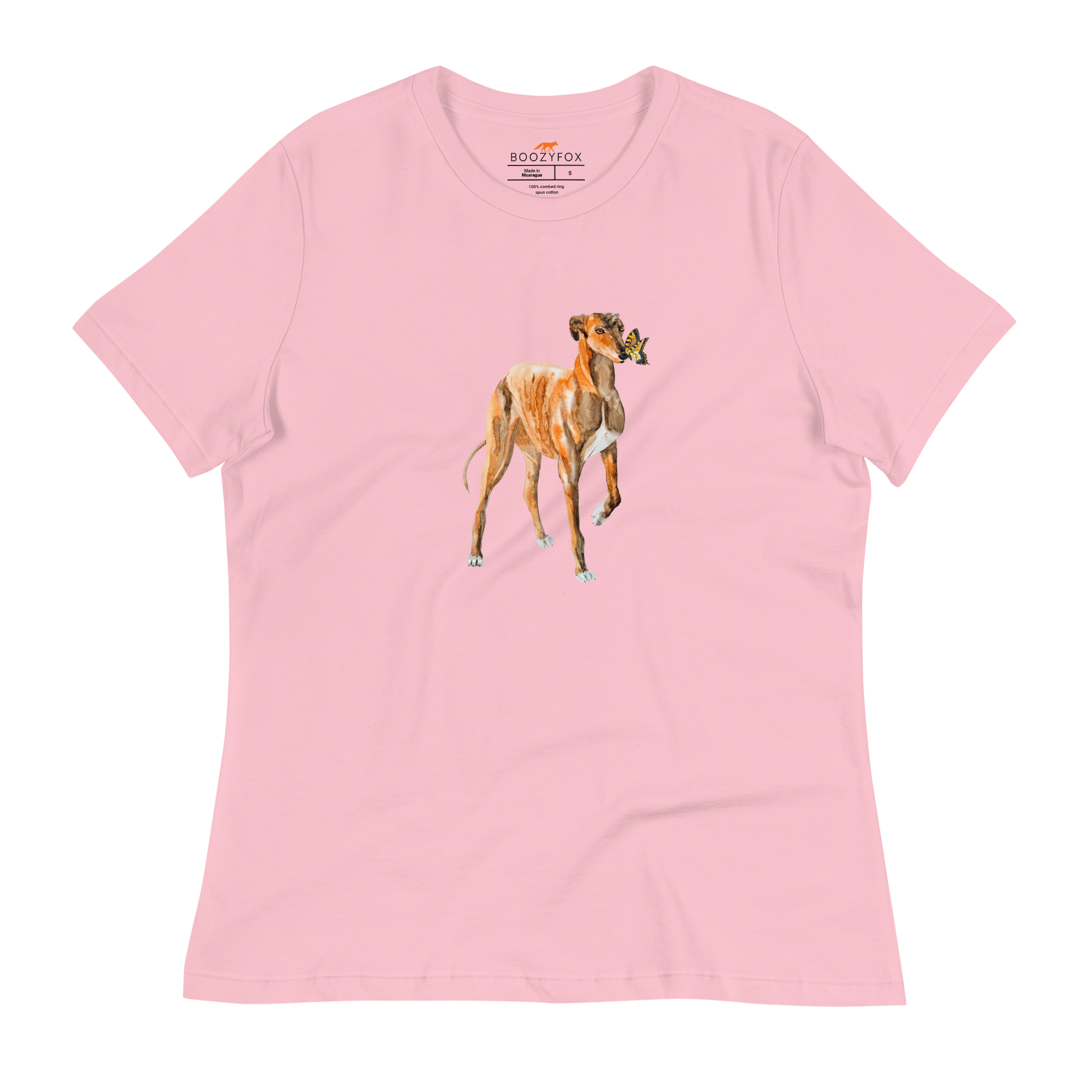 Women's relaxed pink greyhound t-shirt featuring a cute Greyhound And Butterfly graphic on the chest - Women's Graphic greyhound Tees - Boozy Fox
