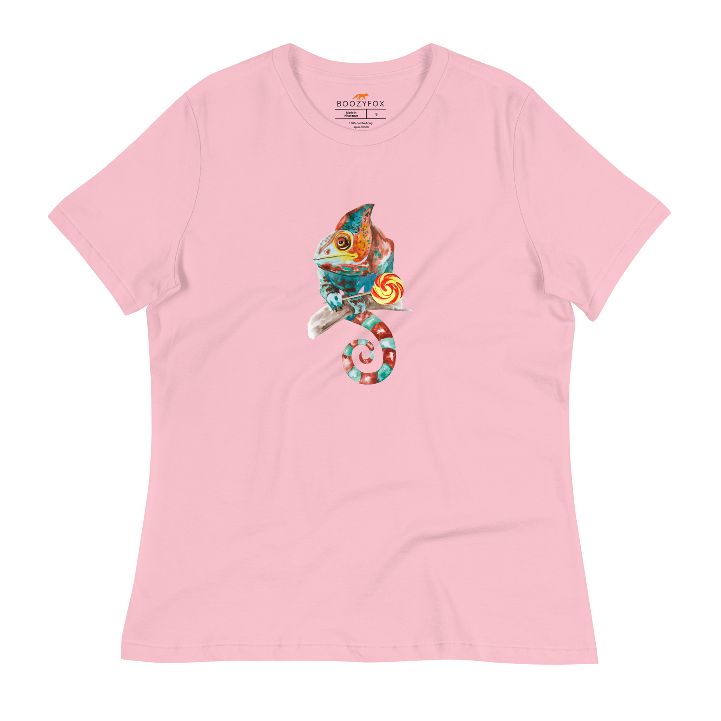 Women's relaxed pink Chameleon t-shirt featuring a colorful Chameleon With A Lollipop graphic on the chest - Women's Graphic Chameleon Tees - Boozy Fox