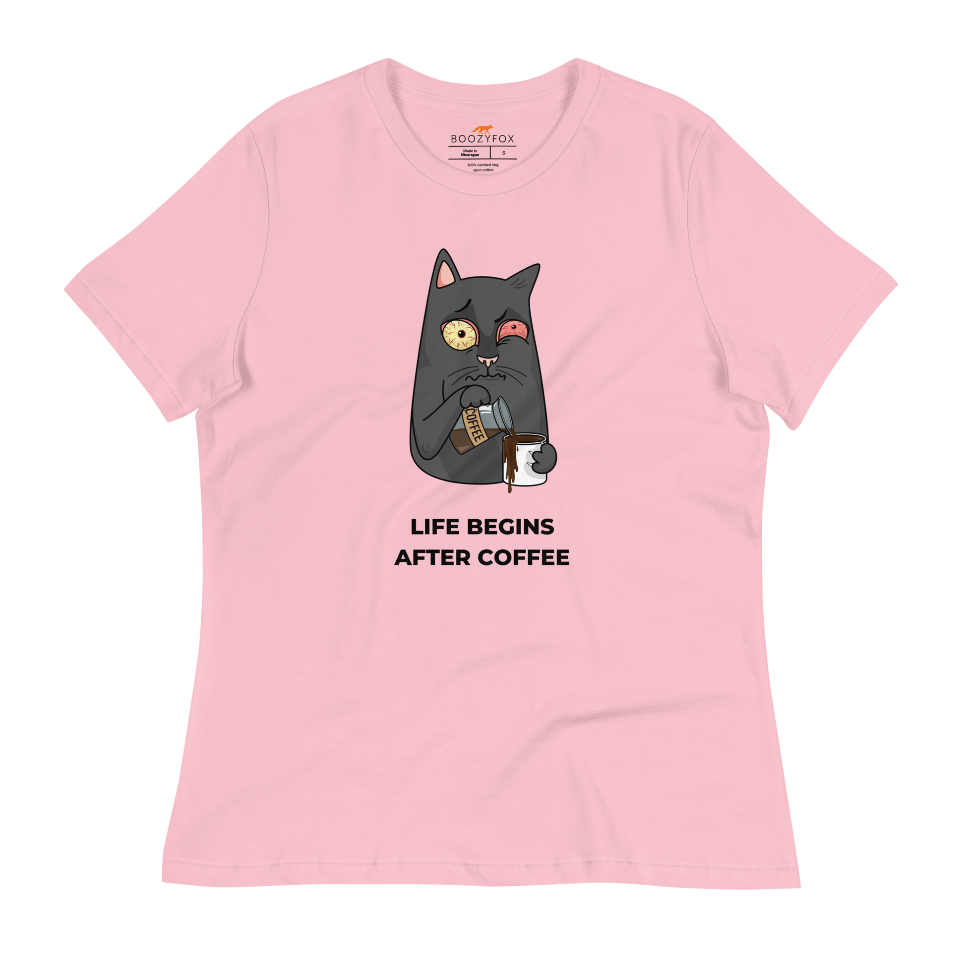 Women's relaxed pink cat t-shirt featuring a hilarious Life Begins After Coffee graphic on the chest - Women's Graphic Cat Tees - Boozy Fox