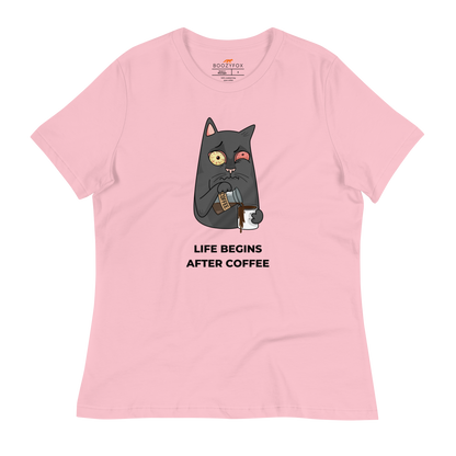 Women's relaxed pink cat t-shirt featuring a hilarious Life Begins After Coffee graphic on the chest - Women's Graphic Cat Tees - Boozy Fox