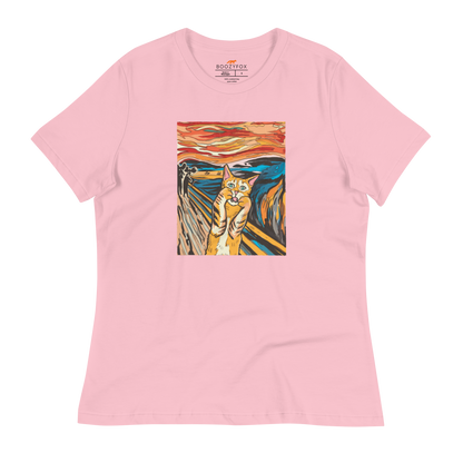 Women's relaxed pink screaming cat t-shirt showcasing iconic The Screaming Cat graphic on the chest - Women's Graphic Cat Tees - Boozy Fox