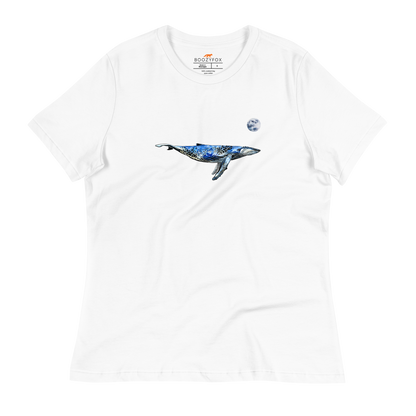 Women's relaxed white whale t-shirt featuring a majestic Whale Under The Moon graphic on the chest - Women's Graphic Whale Tees - Boozy Fox