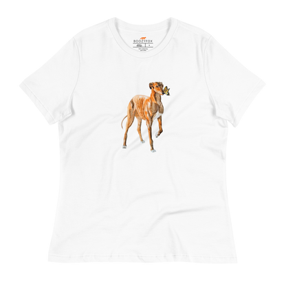 Women's relaxed white greyhound t-shirt featuring a cute Greyhound And Butterfly graphic on the chest - Women's Graphic greyhound Tees - Boozy Fox