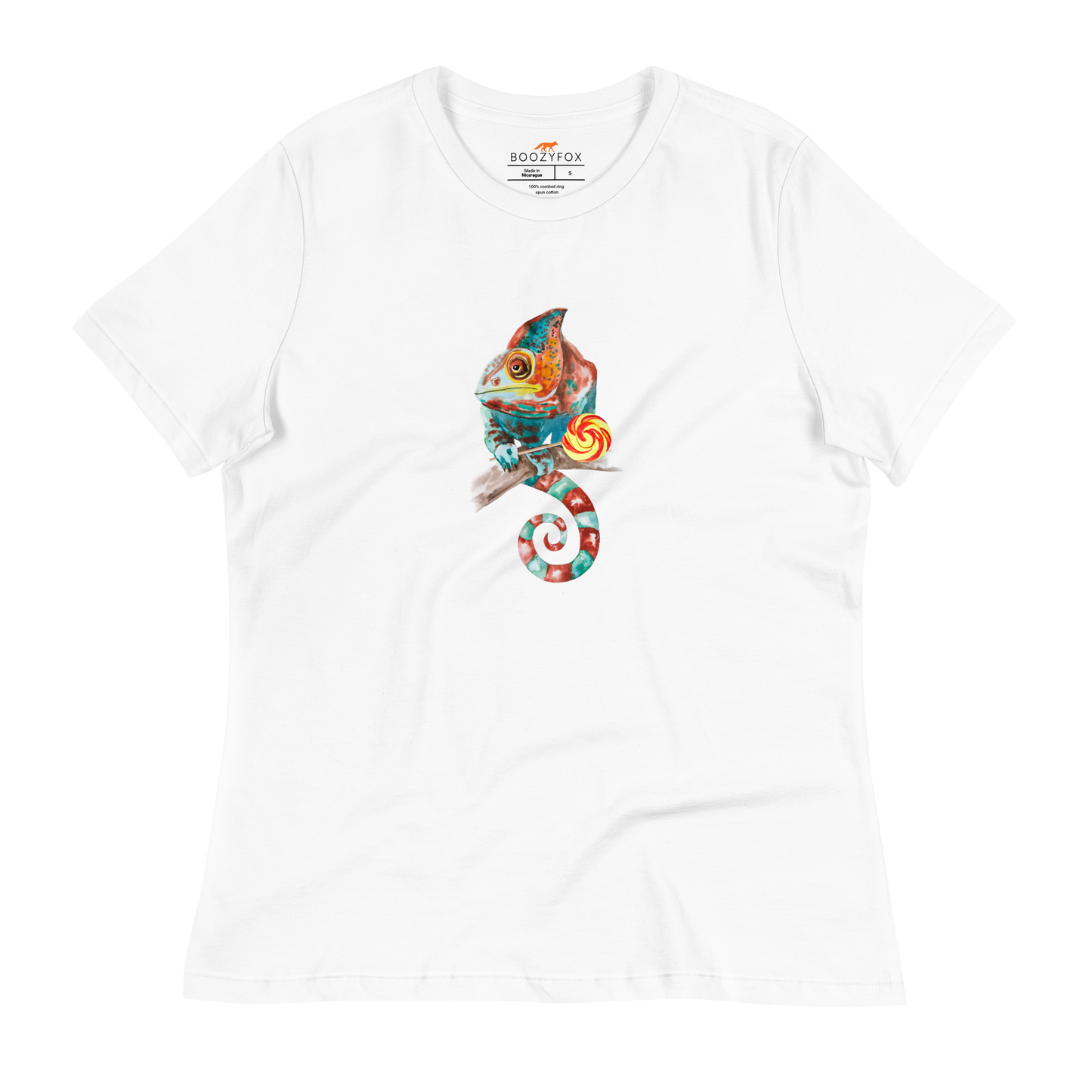 Women's relaxed white Chameleon t-shirt featuring a colorful Chameleon With A Lollipop graphic on the chest - Women's Graphic Chameleon Tees - Boozy Fox